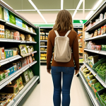 **

A confused consumer standing in a supermarket aisle overwhelmed by products with misleading "eco-friendly" labels and green marketing. Focus on the clutter and conflicting information.

**