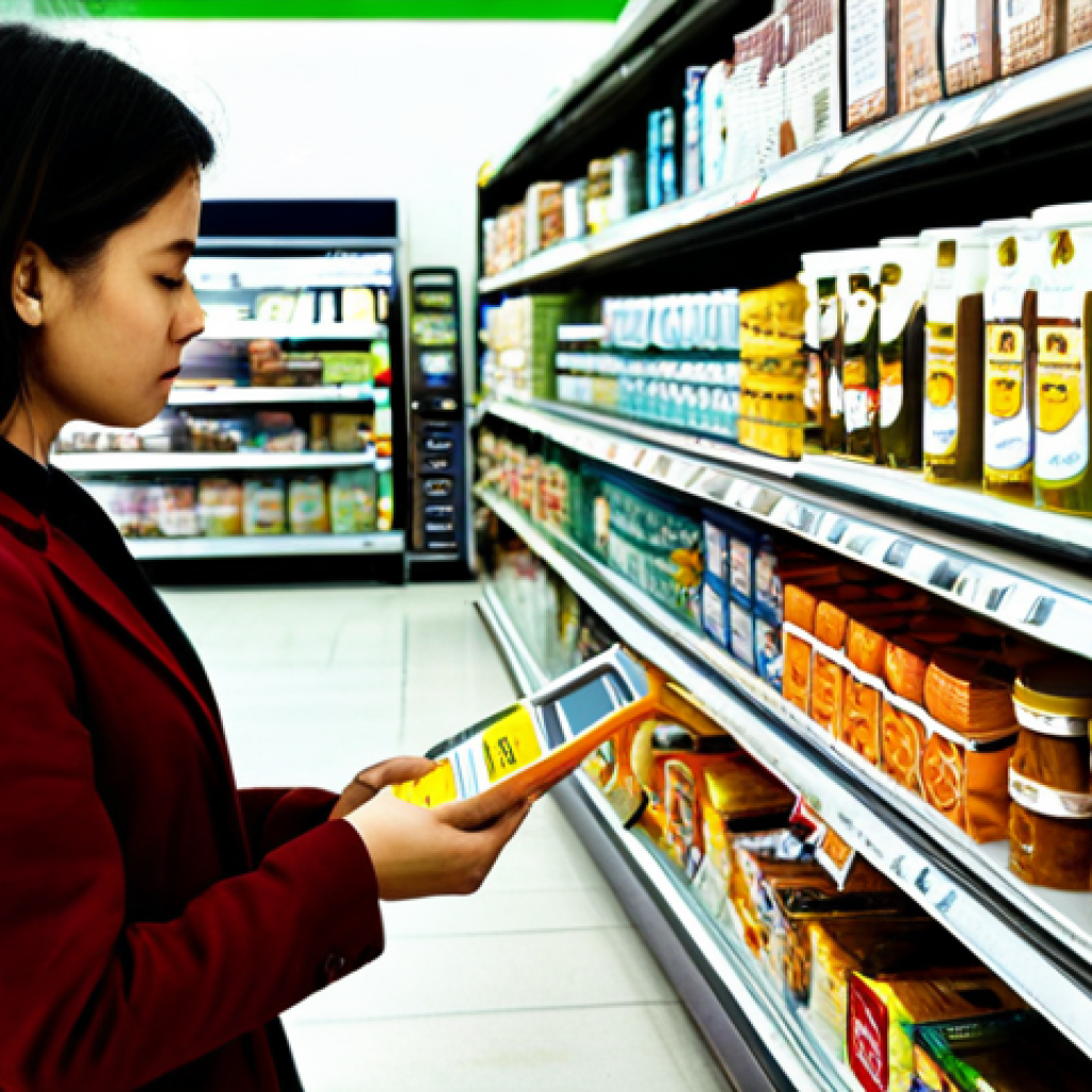**
A consumer in a supermarket aisle, carefully examining product labels. They are wearing a modest, casual outfit. Focus on their discerning expression as they compare certifications and ingredients lists, trying to avoid greenwashing tactics. The background shows various packaged goods on shelves. "Safe for work", "appropriate content", "fully clothed", "professional quality", "perfect anatomy", "natural proportions", "realistic", "family-friendly".
**