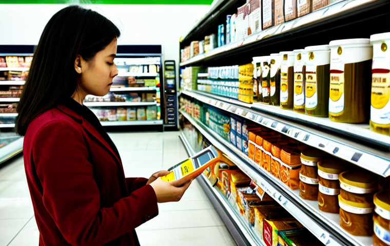 **
A consumer in a supermarket aisle, carefully examining product labels. They are wearing a modest, casual outfit. Focus on their discerning expression as they compare certifications and ingredients lists, trying to avoid greenwashing tactics. The background shows various packaged goods on shelves. "Safe for work", "appropriate content", "fully clothed", "professional quality", "perfect anatomy", "natural proportions", "realistic", "family-friendly".
**