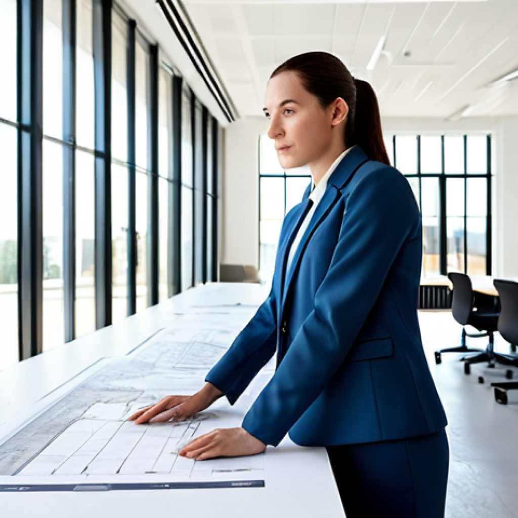 **
"A professional female architect, fully clothed in a modest, modern blazer and trousers, standing in a bright, contemporary architectural office with blueprints spread on a large table, appropriate attire, safe for work, perfect anatomy, correct proportions, natural pose, well-formed hands, proper finger count, natural body proportions, professional photography, high quality, family-friendly, appropriate content."
**