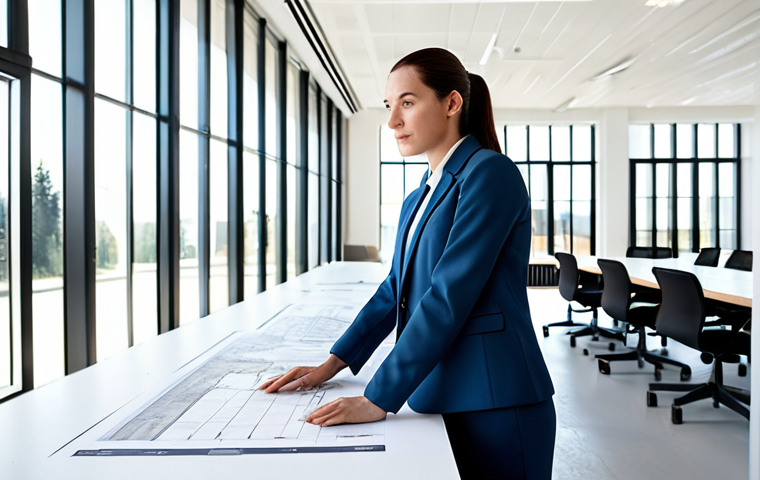 **
"A professional female architect, fully clothed in a modest, modern blazer and trousers, standing in a bright, contemporary architectural office with blueprints spread on a large table, appropriate attire, safe for work, perfect anatomy, correct proportions, natural pose, well-formed hands, proper finger count, natural body proportions, professional photography, high quality, family-friendly, appropriate content."
**