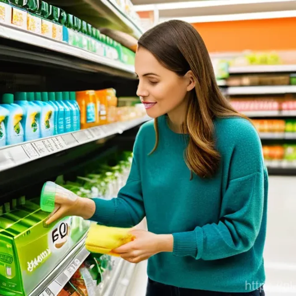 그린워싱과 환경 정책의 변화 - **Deceptive Greenwashing in a Supermarket Aisle:** A brightly lit, modern supermarket aisle with she...