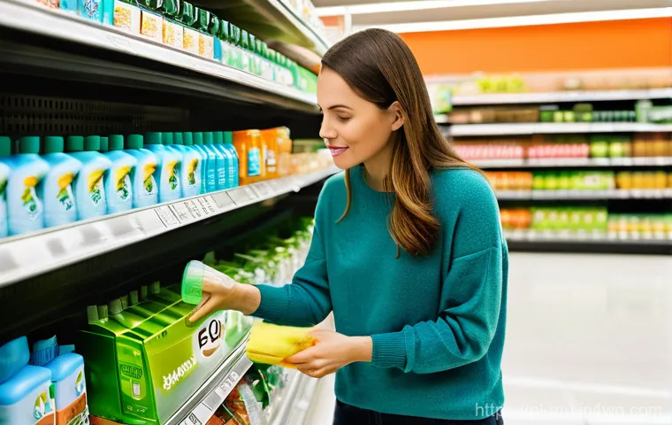 그린워싱과 환경 정책의 변화 - **Deceptive Greenwashing in a Supermarket Aisle:** A brightly lit, modern supermarket aisle with she...