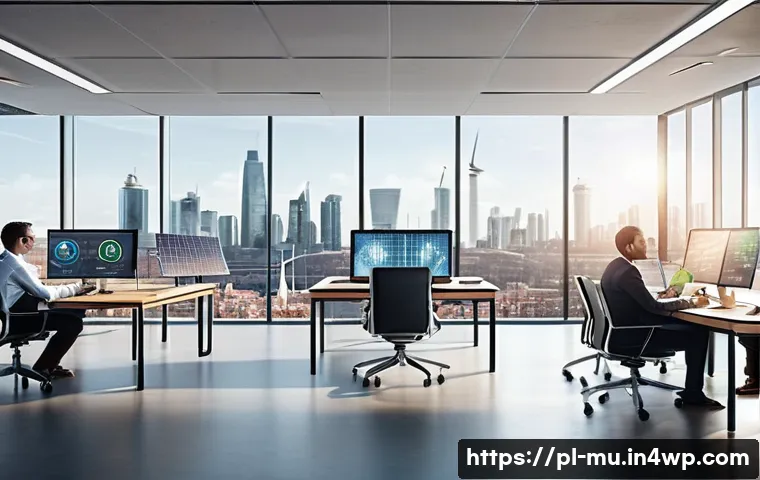 그린워싱과 글로벌 경제의 변화 - A modern corporate office environment showcasing a diverse group of professionals engaged in a meeti...