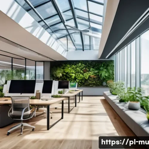 Home 31 그린워싱과 기업의 재무적 성과 - A modern corporate office with large glass windows showcasing a team of diverse professionals active...