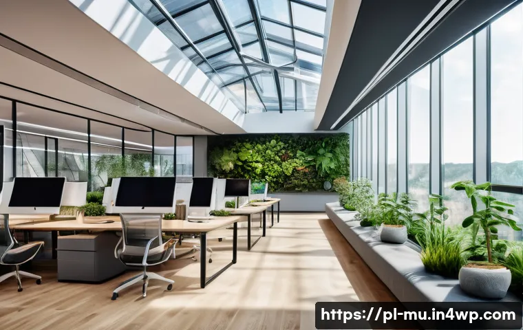 그린워싱과 기업의 재무적 성과 - A modern corporate office with large glass windows showcasing a team of diverse professionals active...