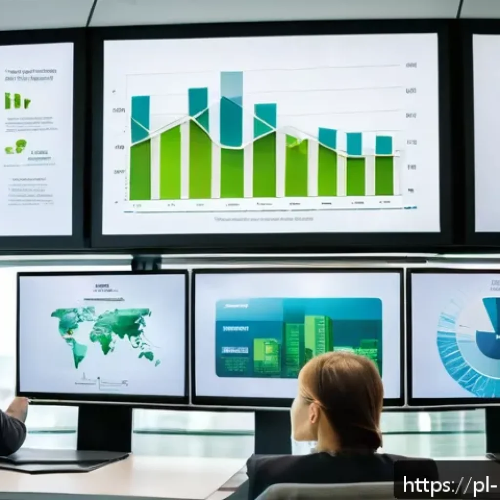 그린워싱 비판을 위한 데이터 분석 - A detailed corporate environmental report scene showing a modern office setting with diverse profess...
