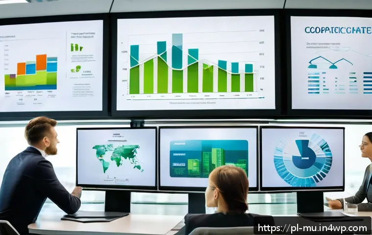 그린워싱 비판을 위한 데이터 분석 - A detailed corporate environmental report scene showing a modern office setting with diverse profess...