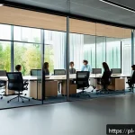Home 23 그린워싱 의심되는 브랜드 목록 - A detailed scene showing a modern corporate office with transparent glass walls, where a diverse tea...