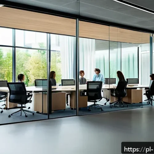 Home 17 그린워싱 의심되는 브랜드 목록 - A detailed scene showing a modern corporate office with transparent glass walls, where a diverse tea...