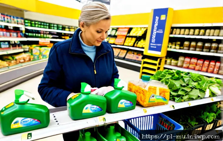 그린워싱의 현실과 그로 인한 문제 - Photorealistic editorial scene in a modern Polish supermarket, a middle-aged shopper comparing two p...